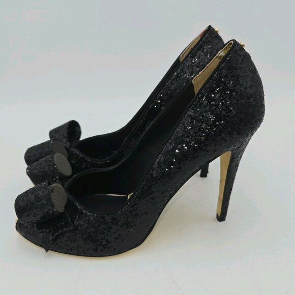 Ted Baker London Keanah Big Bow Peep Toe Black Sparkles High Heel Pumps Shoes 9 - Picture 3 of 14